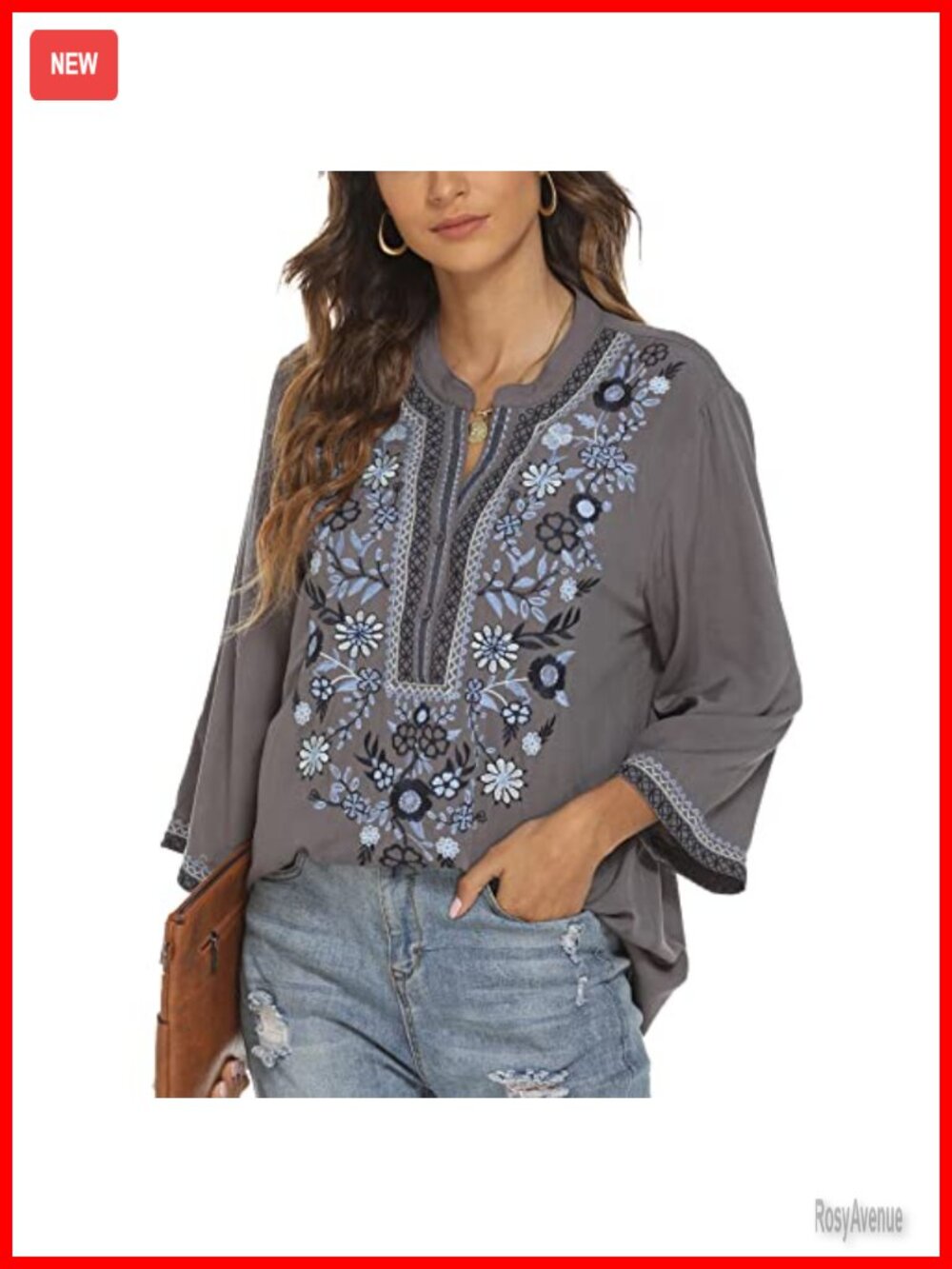 Women's Mexican Embroidered Peasant Top V Neck 3/4 Sleeve Tunic Blouse